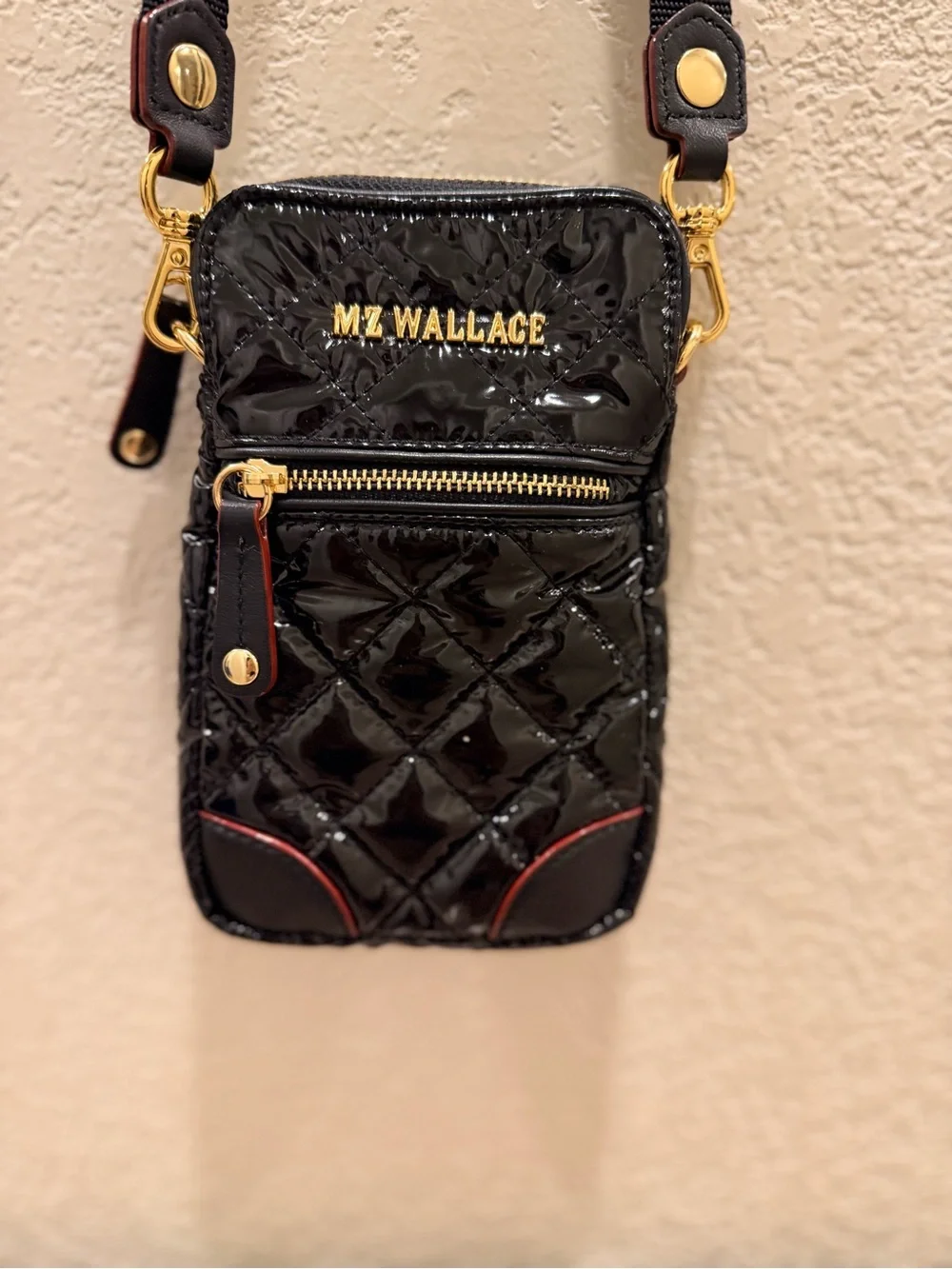 MZ WALLACE Black Quilted Patent Crossbody with Gold Hardware